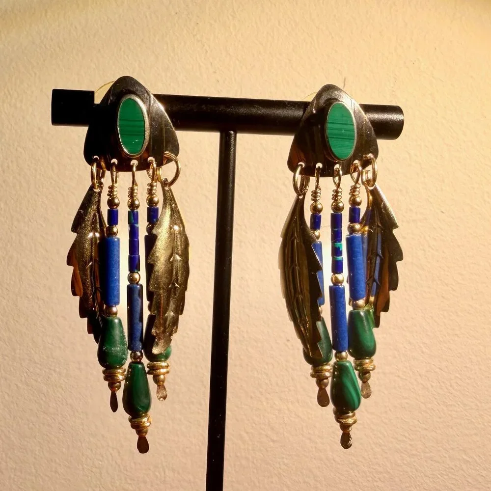 Tabra Tunoa Vintage Earrings - Malachite, Lapis Lazuli, and Gold-filled Leafs - Picture 3 of 6